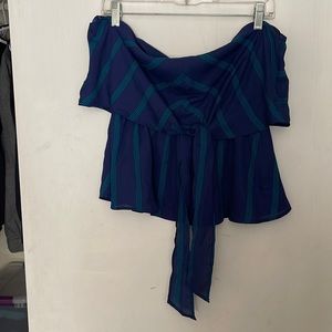 Brand: Monteau, XL, blue w/ blue green stripes. Wear as tube, halter, 1 shoulder